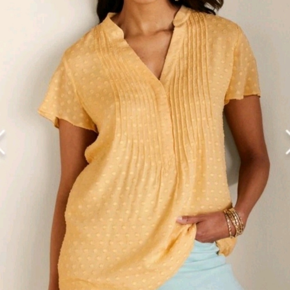Women’s Soft Surroundings Yellow Boho Dot Pleated Blouse Top Shirt - Picture 2 of 6